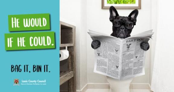 Image shows amusing graphic of a dog using a toilet reading a newspaper