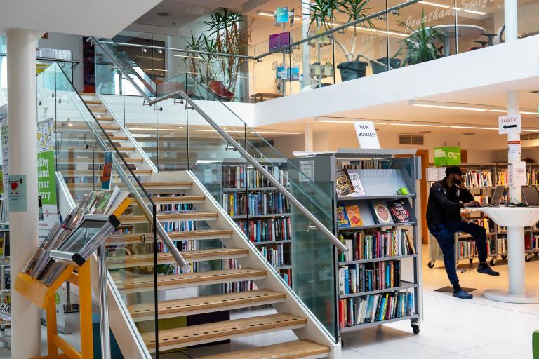 Library staircase and shelves