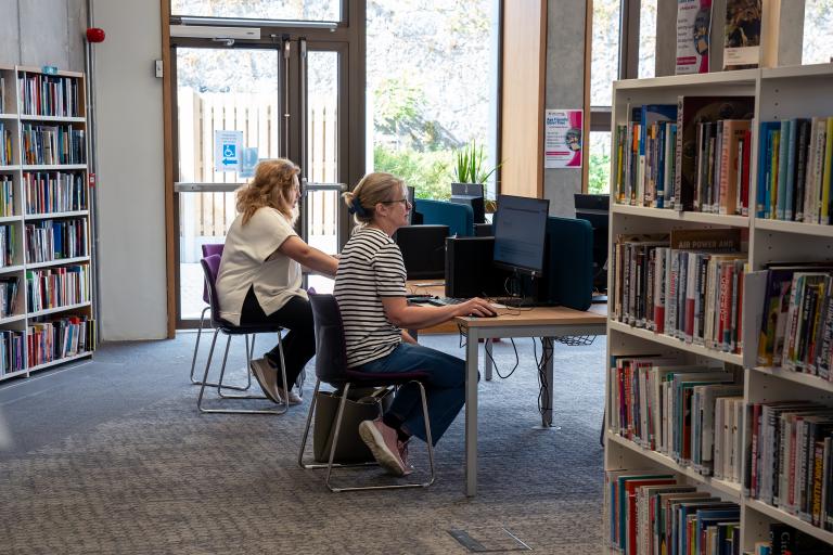 People using computers at the library