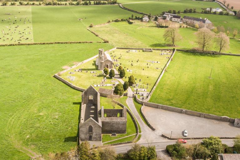 Image shows Aghaboe Abbey aerial shot