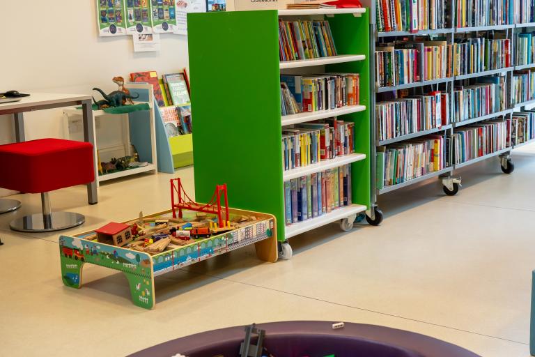 Lego toys and library shelves