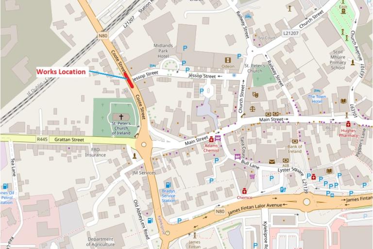 Map showing a red line at junction of Coote Street and Jessop Street indicating road closure