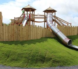 a silver slide in the multi use games area in Rathdowney playground