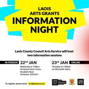 Yellow background black text Laois Arts Grants Info Night